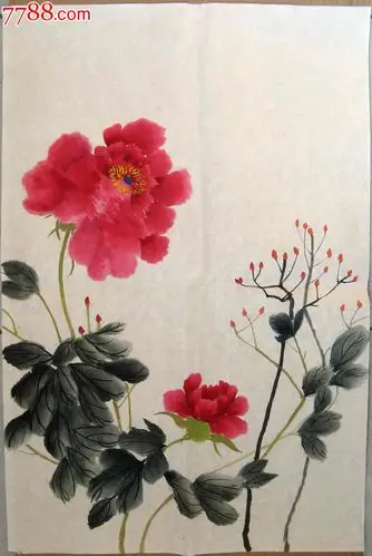 不错的四尺开三条幅无款牡丹画:天香红艳_花鸟国画原作_第1张_7788