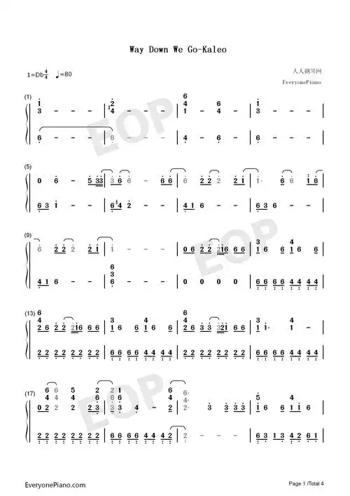 way down we go-kaleo-钢琴谱文件(五线谱,双手简谱,数字谱,midi,pdf)