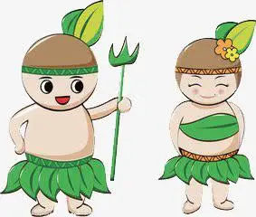 原始卡通人绿叶子衣服耙子