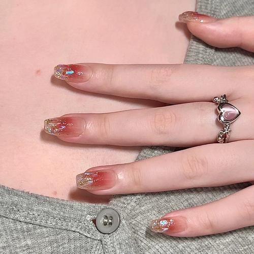 小红书穿戴甲中长款极光碎钻腮红指甲贴片爆闪美甲甲片果冻胶