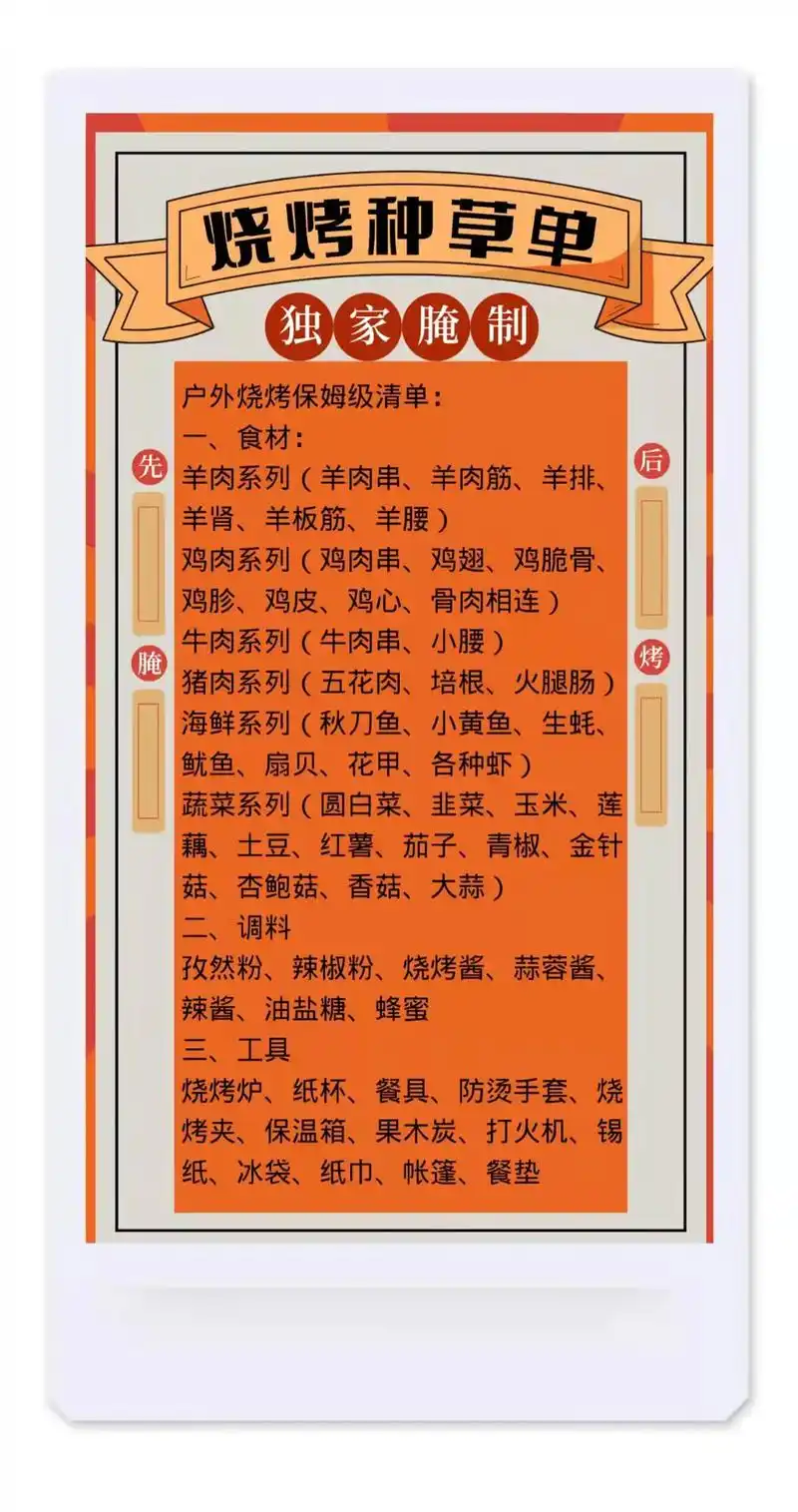 创作灵感 最全户外露营烧烤食材大全清单他来了#烧烤 #同城 - 抖音