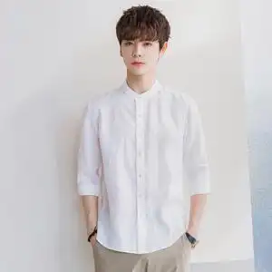 七分袖白衬衫男士夏季立领韩版潮流衬衣无领夏天休闲l012p60控98图片