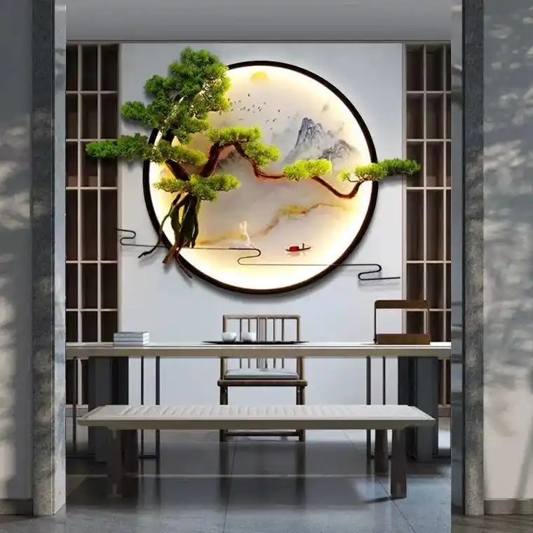 背景墙装饰 新中式迎客松壁饰挂画客厅玄关禅意圆形装饰画墙面挂 - 抖