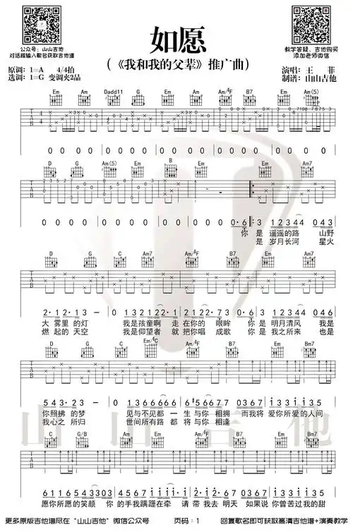 王菲-如愿吉他谱-我和我的父辈主题曲-1