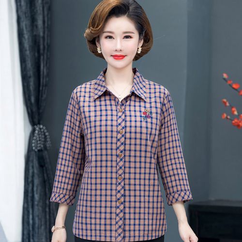 中老年女春秋纯棉衬衣老人夏衬衫