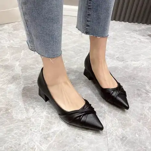 粗跟鞋玛丽珍女鞋女跟尖头2022新款蝴蝶结浅口韩版