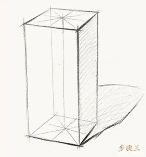 步骤一:首先在画面中定出长方体的高宽比例,确定顶面的位置,长直线画