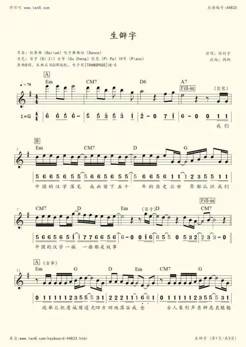 电子琴谱:生僻字(g调电子琴谱)抖音古风