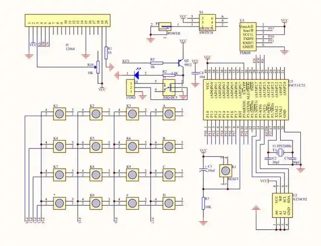 指纹模块as608电路,4*4矩阵键盘电路,lcd12864显示屏电路及系统电源