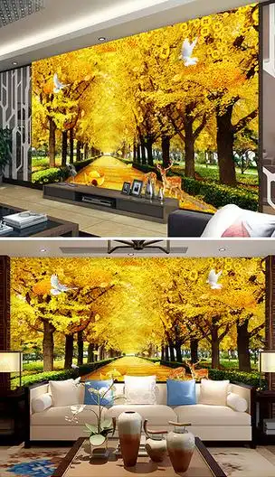 黄金大道树背景墙|满地黄金黄金大道金色树林电视背景墙