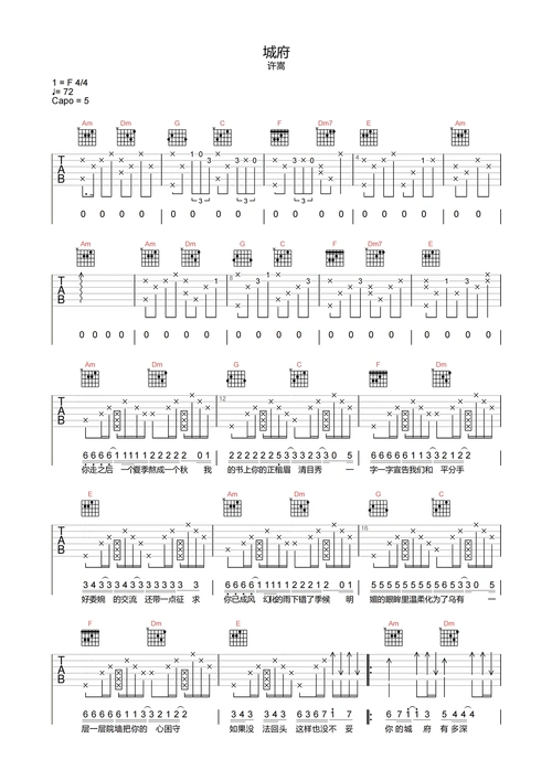 城府吉他谱-许嵩-c调原版-附pdf图片谱1