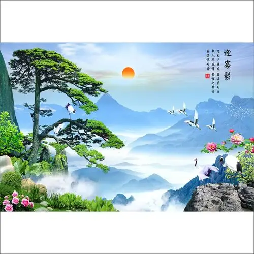 流水生财山水风景画招财背景墙壁纸画自墙贴