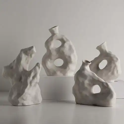 侘寂风素胚陶艺抽象几何花器民宿样板房现代艺术花瓶装饰摆件批发