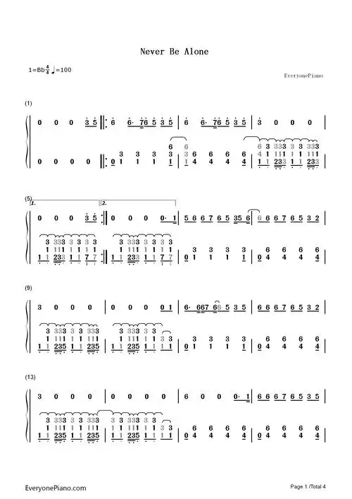 never be alone-shawn mendes-钢琴谱文件(五线谱,双手简谱,数字谱