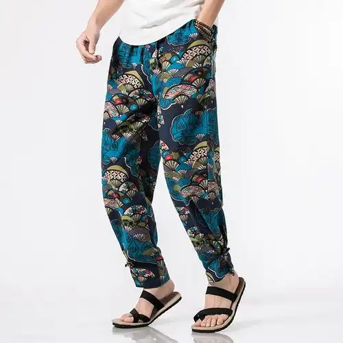 夏季中国风盘扣束脚灯笼裤男泰国民族风大码宽松花裤子休闲哈伦裤