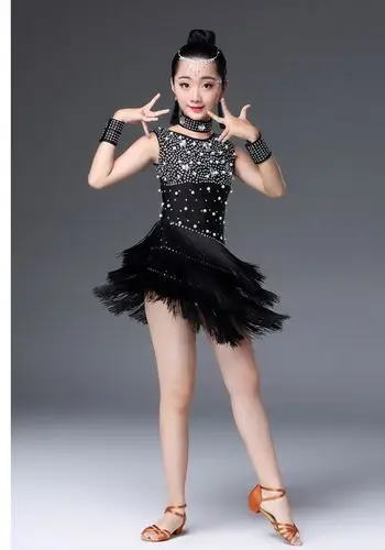 儿童拉丁舞演出服新款少儿拉丁舞裙女童演出表演比赛服装亮片流苏