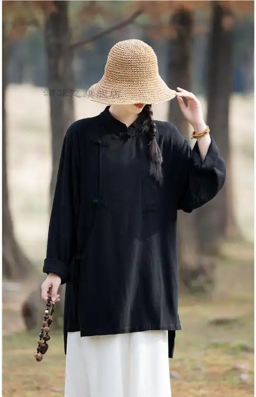 女式居士祈福祷告禅修服立领斜襟唐装旗袍中国风禅意茶服禅服棉麻居士