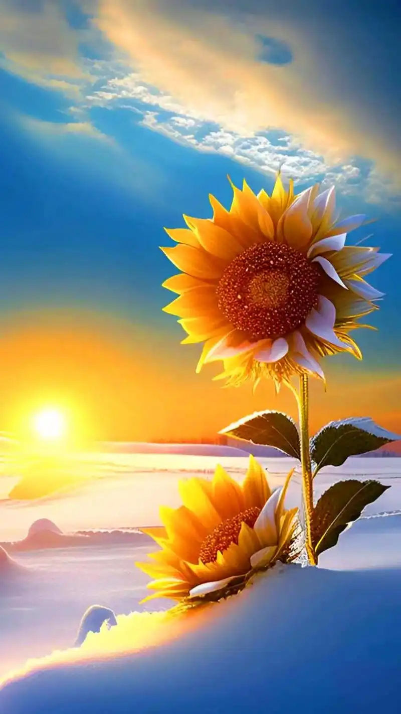 阳光下的白雪,蔚蓝的天空和夕阳,雪中美丽的向日葵,唯美浪漫. - 抖音