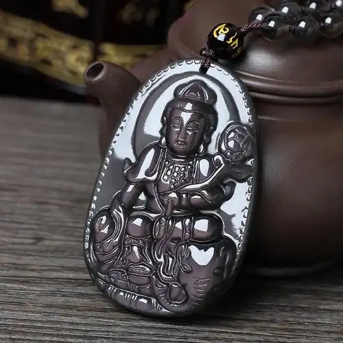 冰种彩虹眼黑曜石普贤菩萨十二生肖属龙蛇本命佛守护神吊坠项链