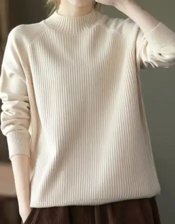 纯棉线针织衫半高领长袖打底衫上衣女套头毛衣米白色m100斤以下