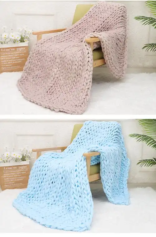 冰岛毛毯子拇指粗毛线毯子沙发盖毯手工编织粗涤纶毯子跨境货源批