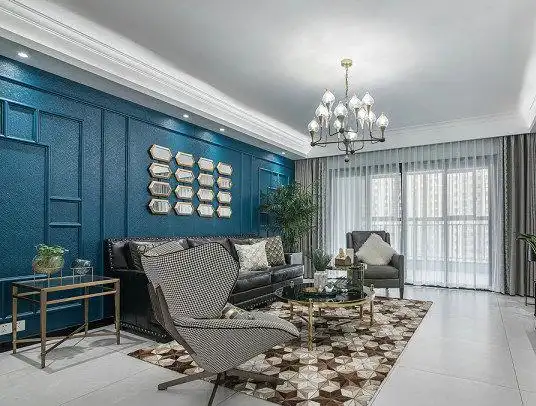 极简北欧风灰蓝色5米2大开间客厅餐厅一体装修效果图 黑色胡桃实木