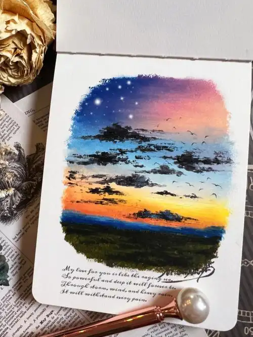 油画棒糖果味火烧云天空20分钟随便画画