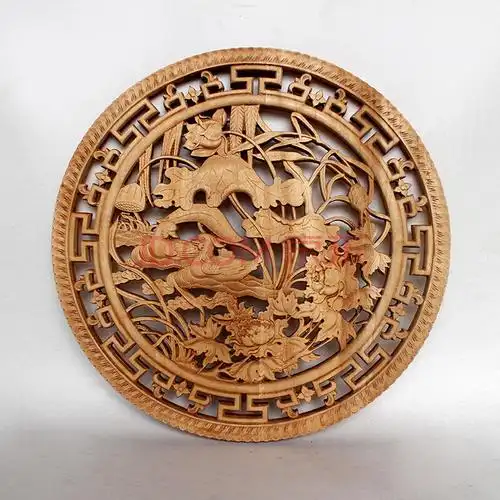 木雕香樟木雕刻挂件 小圆形40cm客厅玄关壁挂 鸳鸯荷花