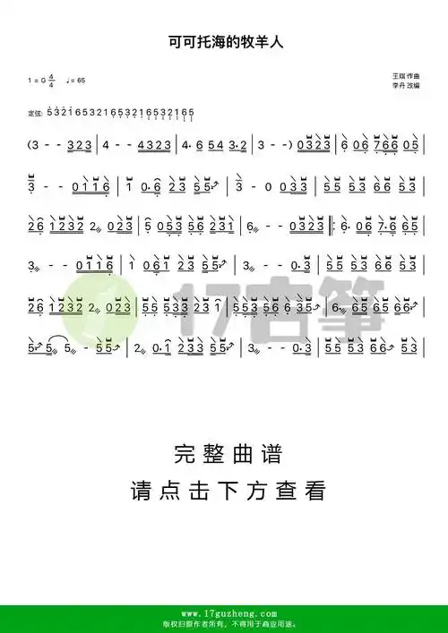 可可托海的牧羊人古筝谱d调单手版王琪演唱