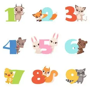 动物松鼠卡通设置与丰富多彩的数字从1到9和动物.