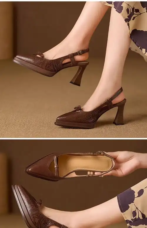复古高级印花羊皮镂空蝴蝶结防水台尖头粗跟高跟鞋包头真皮单鞋女