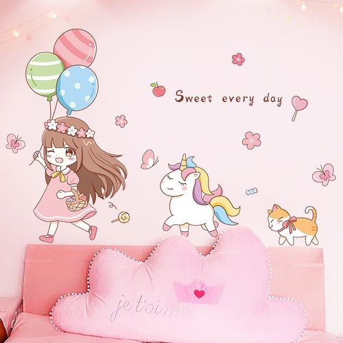 自粘 少女心贴纸女孩卧室床头墙面背景墙贴儿童房间布置墙纸 粉红女孩