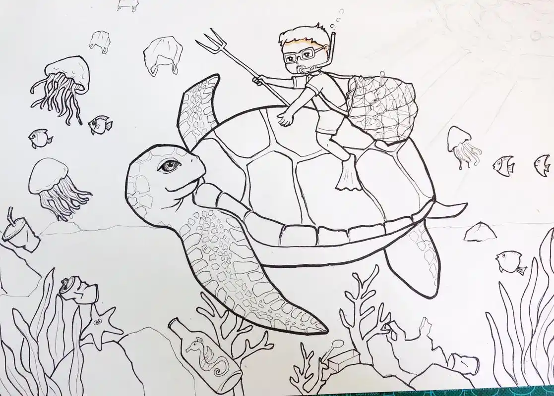 原创环境保护主题儿童绘画拯救地球海洋海龟 这是以保护环境爱护动物