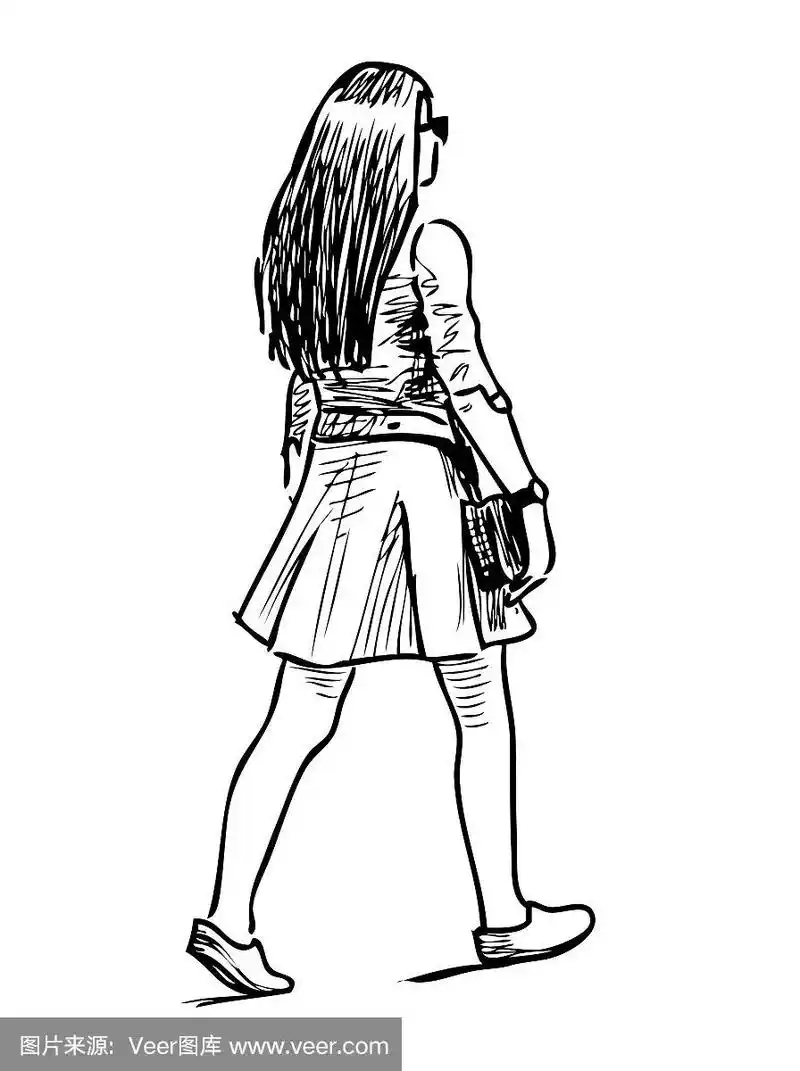小女孩在街上大步走着的素描