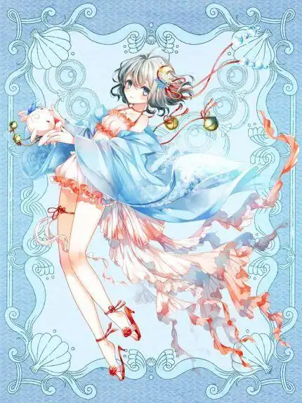 少女银发短发蓝瞳适乳白皮肤连衣裙吊带凉鞋铃铛蕾丝发带蝴蝶结人偶反