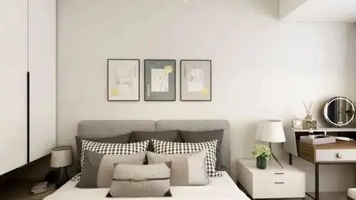 米白色墙漆和灰色床品的碰撞使整个空间更加高级.78