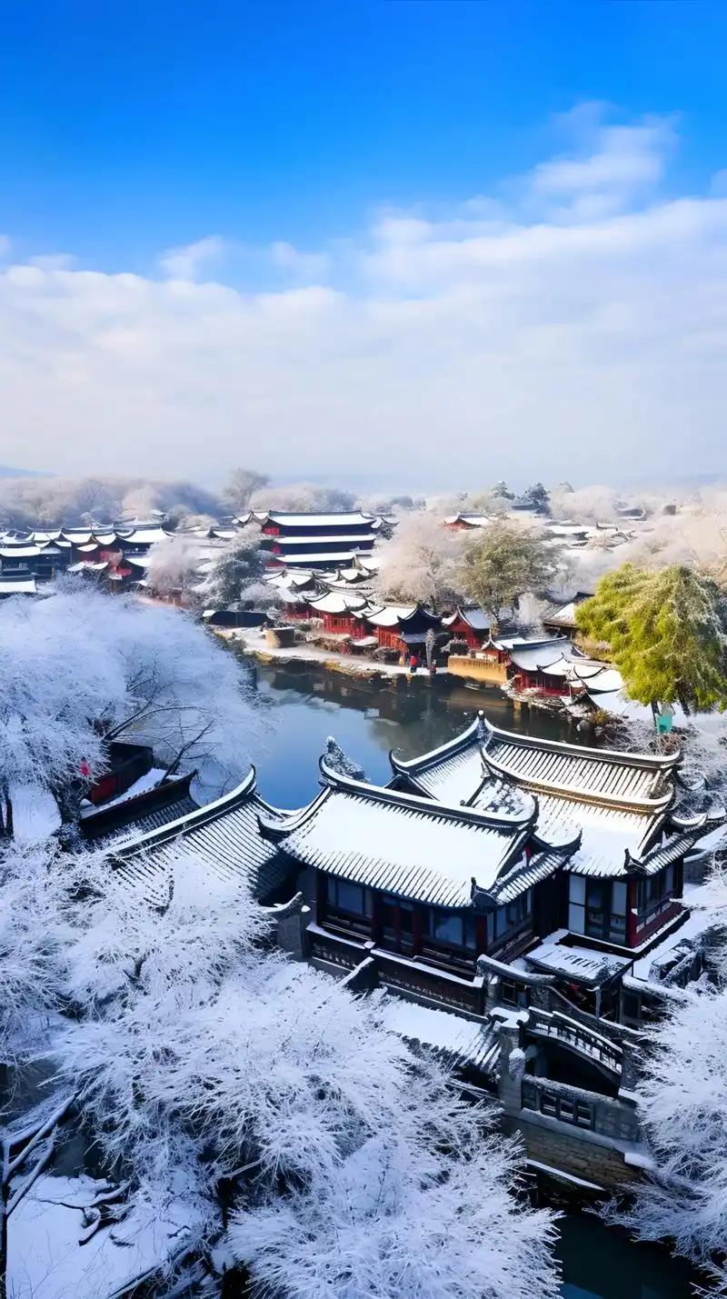 在冬天,雪花飞舞,树枝上落满了雪,犹如美丽的银条,随风飘动, - 抖音