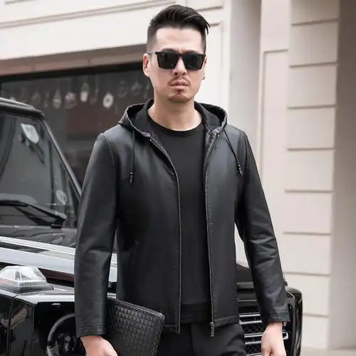 掉皮包换 2024年春秋新款海宁山羊皮衣男真皮连帽韩版帅气机车皮夹克