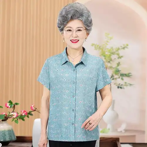 奶奶夏装纯棉短袖衬衫60岁70中老年人女装老太太妈妈装上衣服宽松