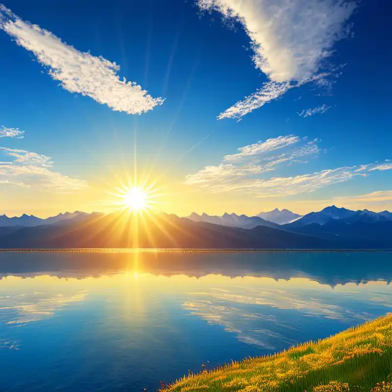 春天阳光明媚,艳阳高照,碧水蓝天,波光粼粼,山清水秀,一片祥和的景象.