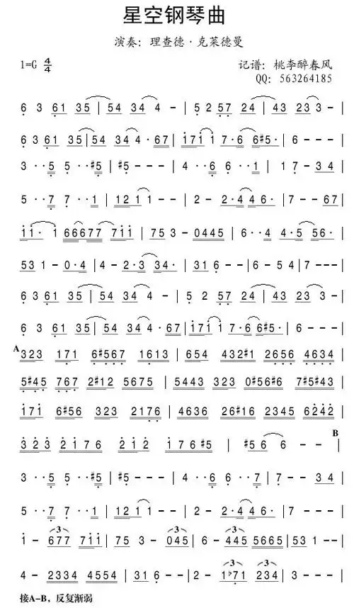 星空钢琴曲理查德克莱德曼简谱吉他谱