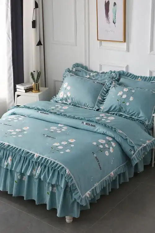 韩版双层裙边床裙四件套床上用品公主风床罩磨毛被套加厚防滑