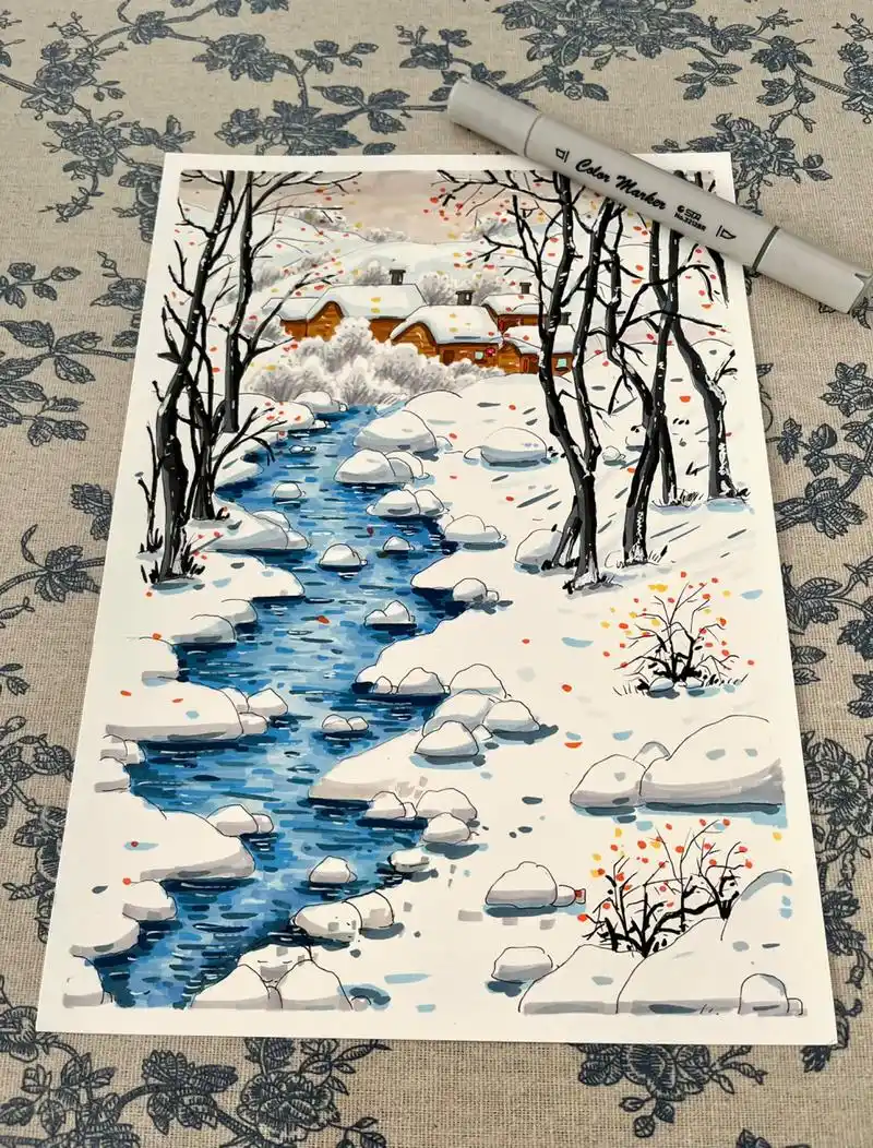 马克笔主题画『冬日赞歌』      带你回忆儿时冬天景色 国风系列网课