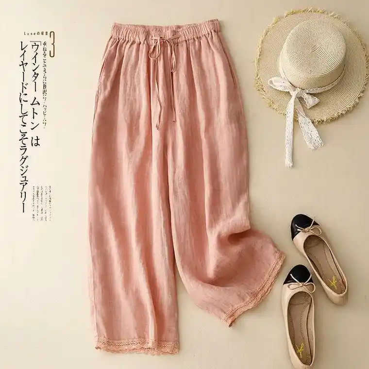 文艺清新薄款九分裤抽绳松紧腰宽松阔腿拼花.30 或将近30的 - 抖音