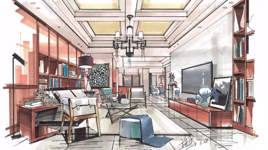 【室内设计手绘】木质大面积表现-客厅空间马克笔上色步骤!