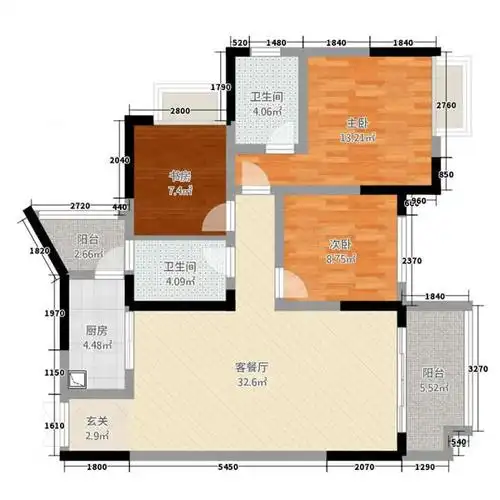 108平方米三房一厅两卫户型图
