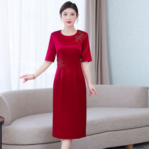 喜婆婆婚宴装中年妈妈夏装婚礼礼服真丝醋酸缎面连衣裙女高贵时尚