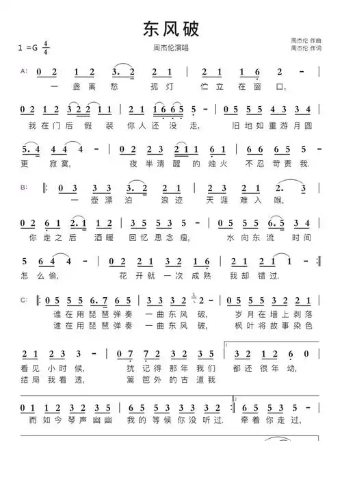 东风破智能简谱周杰伦演唱