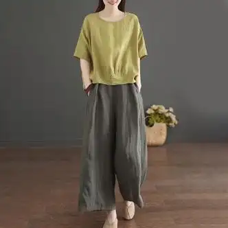棉麻阔腿裤套装夏季女高端复古文艺装亚麻两夏装女装牛油果绿上衣军