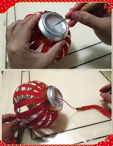 灯笼顶部钻孔,穿金丝线将灯笼顶部两侧对称位置钻孔,然后穿入金丝线